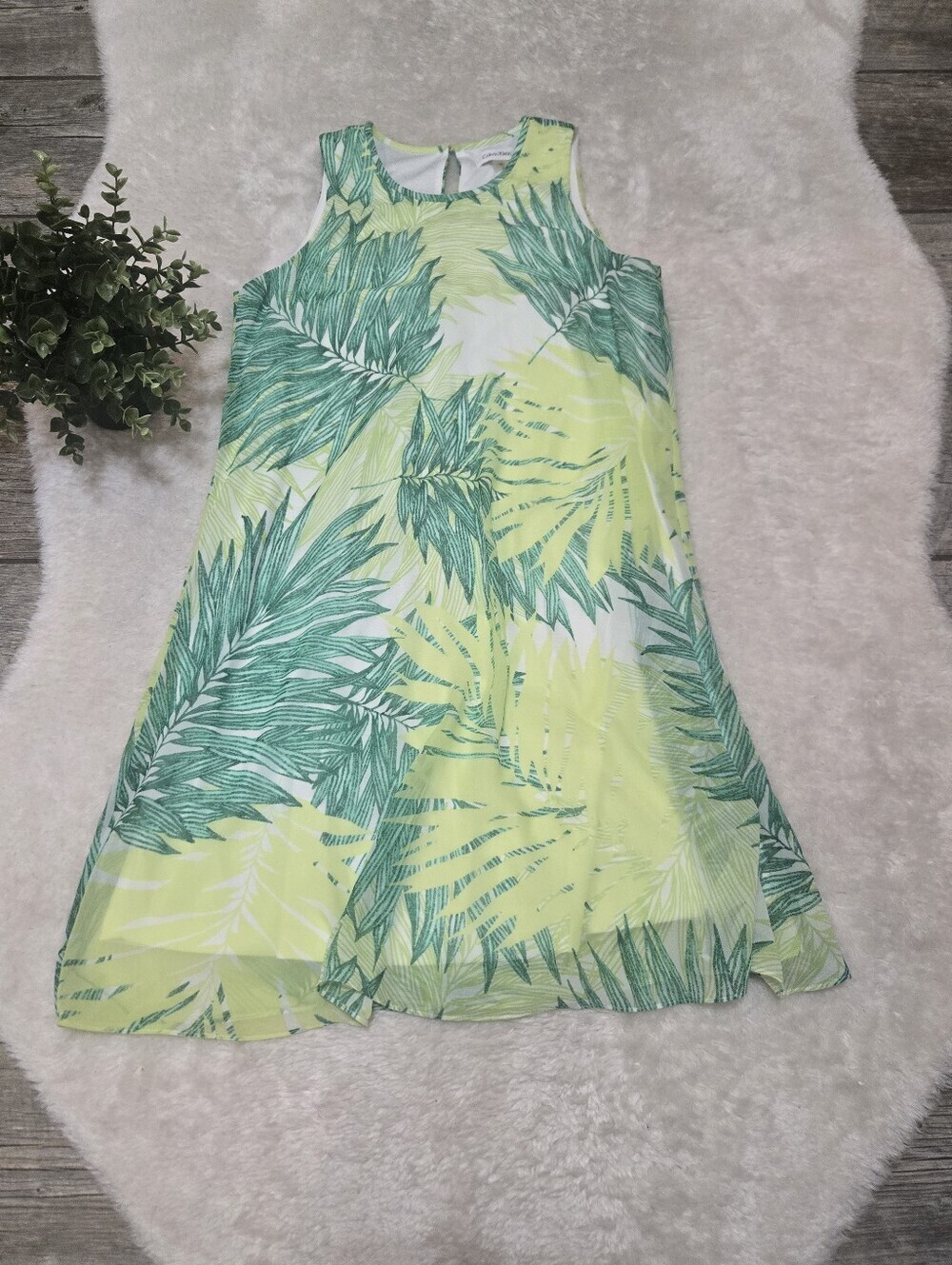 Calvin Klein Green Tropical Palm Leaf Sleeveless Resortwear Swing Dress, Size 8